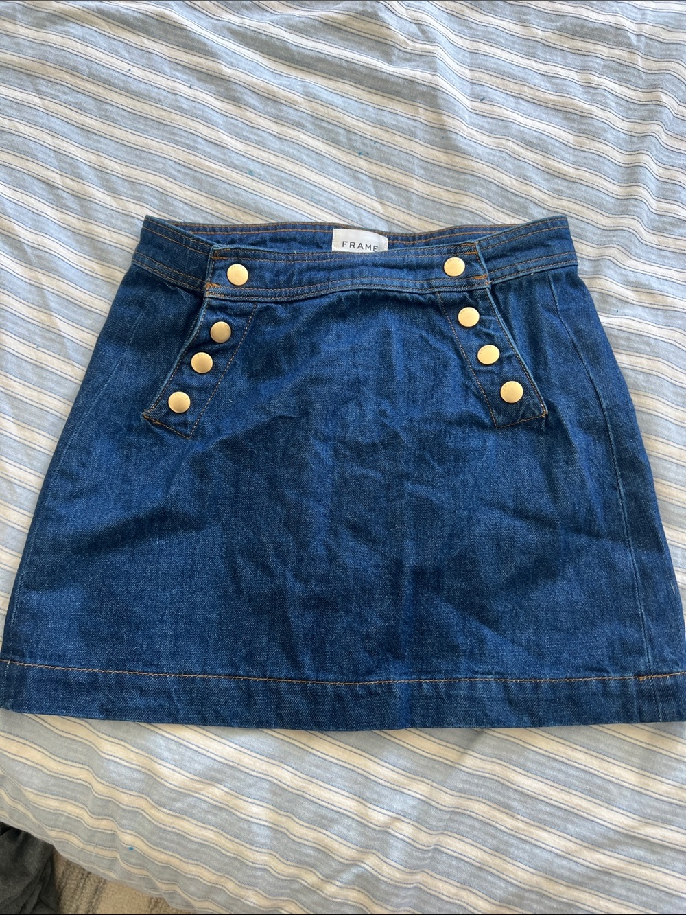 Frame Denim Dark Blue Denim Mini Skirt with Gold Buttons